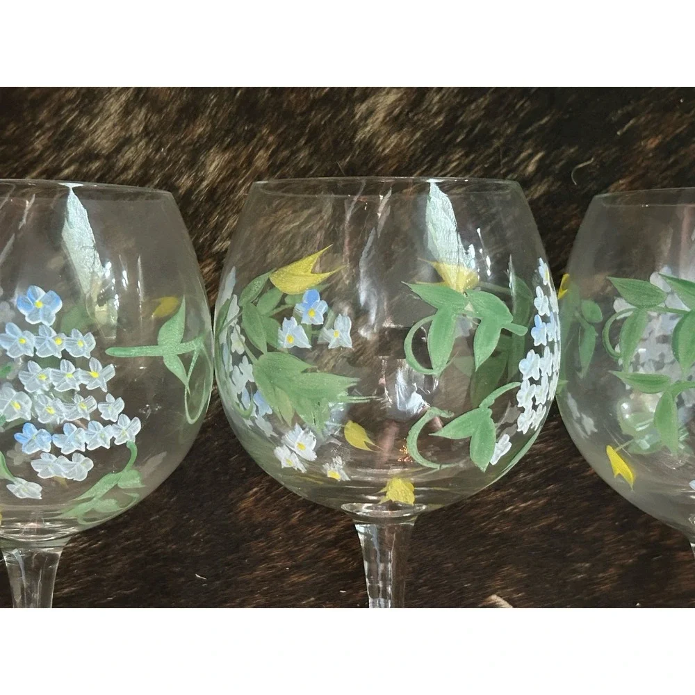 4 Hand Painted Wine Glasses Multicolor Floral 8.5